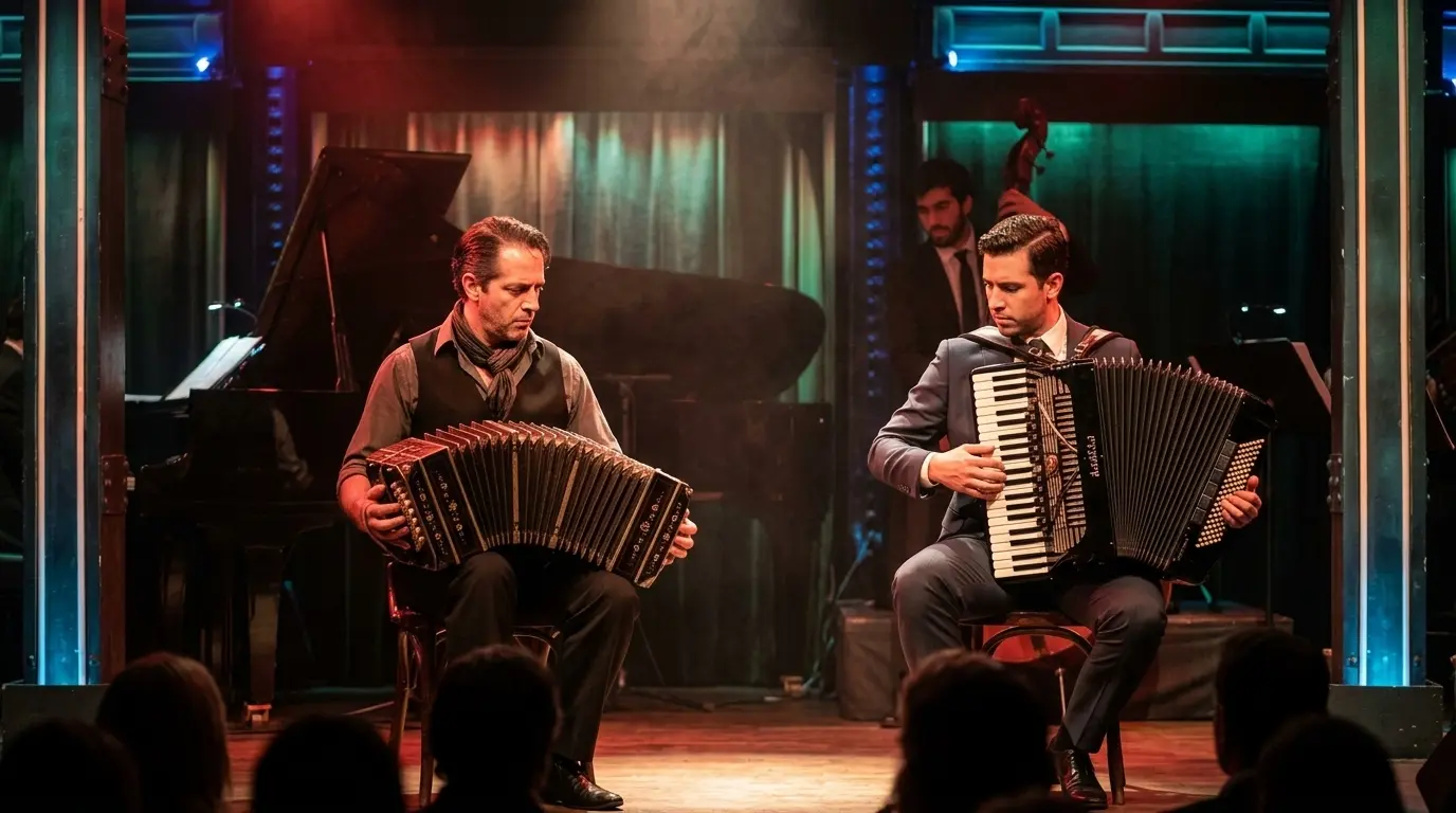 Músico tocando el bandoneón en el escenario histórico de El Querandí.